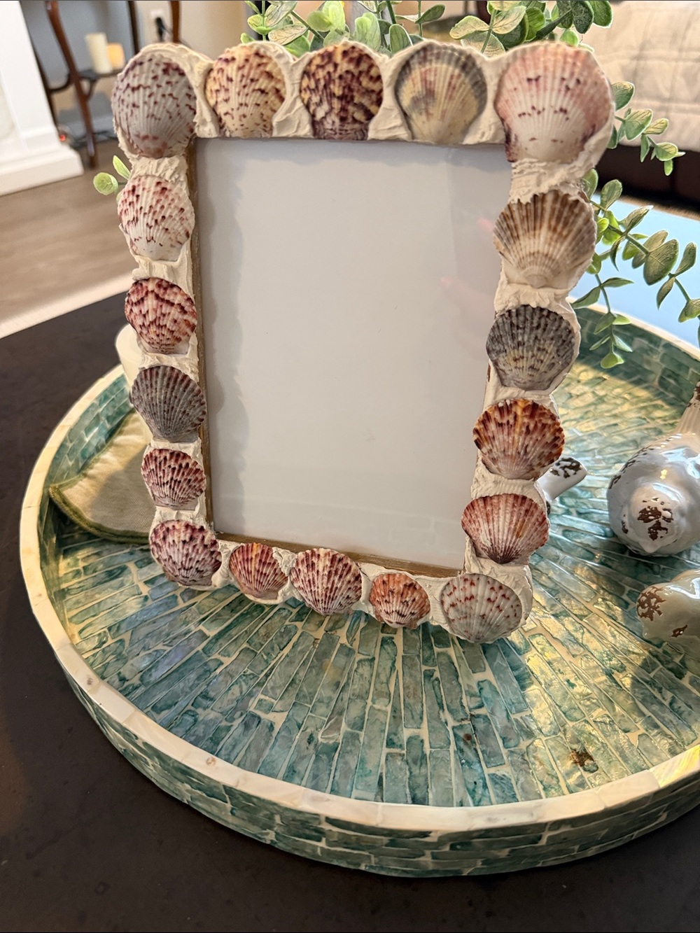 Handcrafted Coastal Shell Photo Frame in Pink, Cream & Gray